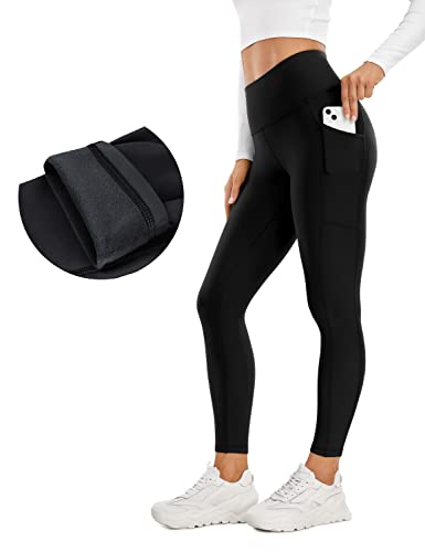CRZ YOGA Thermal Fleece Lined Leggings Women 25'' - High Waisted Winter Workout Hiking Pants with Pockets Warm Running Tights Black Medium