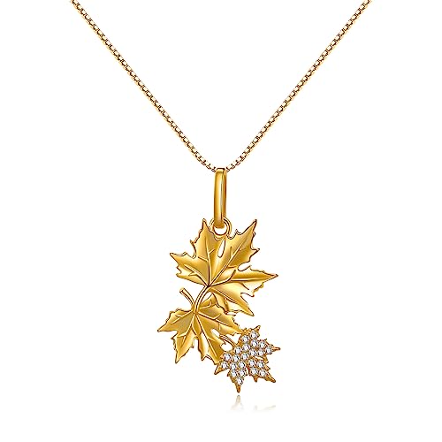 SA SILVERAGE Necklaces for Women 925 Sterling Silver Gold Necklace Maple Leaf Pendant Autumn Silver Jewelry Fall Leaf Cute Statement Gift for Girls