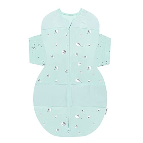 Happiest Baby SNOO Sleep Sack - 100% Organic Cotton Baby Swaddle Blanket - Doctor Designed Promotes Healthy Hip Development (Teal Planets, Medium)