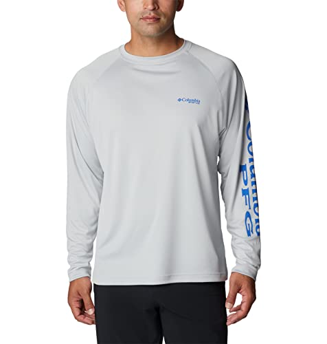 Columbia Men's Terminal Tackle Long Sleeve Shirt, Cool Grey, Vivid Blue Logo, X-Large