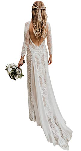 Women's Wedding Dresses Beach for Bride 2023 Vintage Long Sleeves Lace Bohemian Bridal Gown Champagne