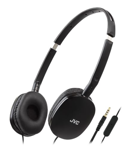 JVC Black Flat Foldable Colorful Flats On Ear Headphones with Remote and Microphone, 3.94 Foot Gold Plated 3.5mm Slim Plug - HAS160MB, Adjustable