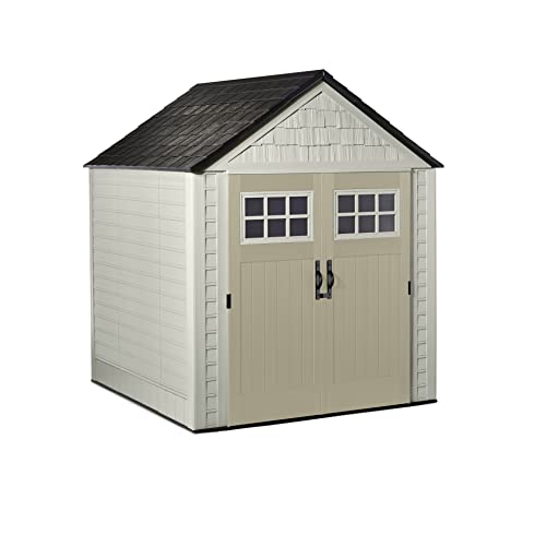 Rubbermaid 7 x 7 Foot Durable Weatherproof Resin Outdoor Storage Shed for Garden Tool and Lawn Machinery Organization, Sandstone