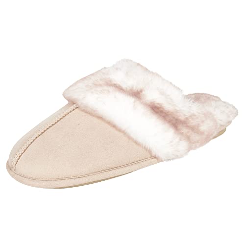 Jessica Simpson Women's Comfy Faux Fur House Slipper Scuff Memory Foam Slip on Anti-Skid Sole, Ivory, Medium
