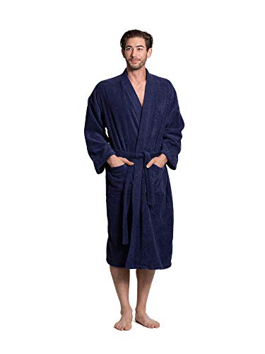 Turkuoise Men 's Terry Cloth Robe Turkish Cotton Terry Kimono Collar Navy, XX-Large