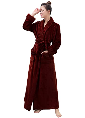 Hellomamma Long Bath Robe for Womens Plush Soft Fleece Bathrobes Nightgown Ladies Pajamas Sleepwear Housecoat Wine Red