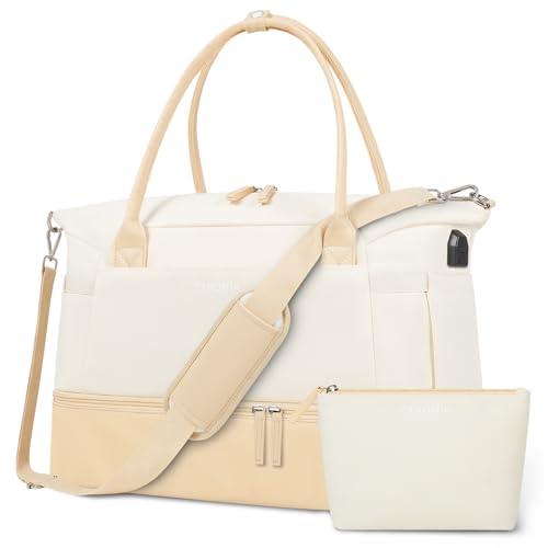 ETRONIK Gym Bag for Women, Canvas Duffle Bag with USB Charging Port, Weekender Overnight Bag with Wet Pocket and Shoes Compartment for Women, Travel, Gym, Yoga, Beige/Khaki