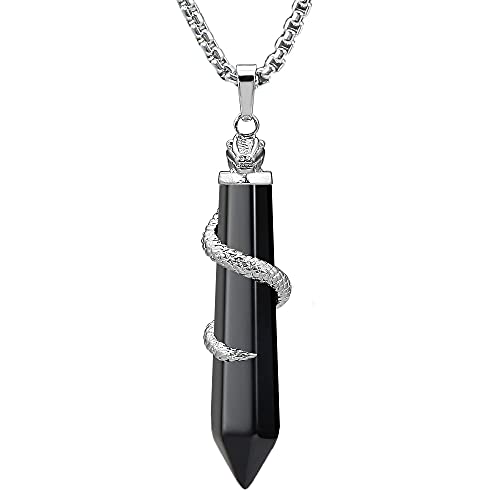BEADNOVA Healing Crystal Necklace for Women Men Obsidian Snake Tail Wrap Pendant Energy Healing Gemstones Jewelry Pendulum Crystal Divination (Hexagonal, 18 Inches Stainless Steel Chain)