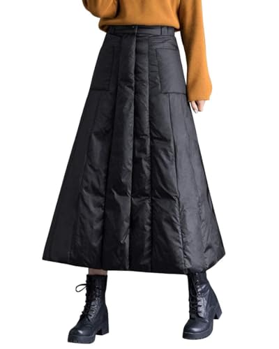 ebossy Women's Insulated Long Down Skirt Winter Windproof Warm Padded A-Line Skirt (Large, Black)
