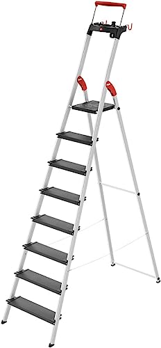 Hailo L100 Pro | Aluminum Folding Stepladder | Eight Steps | Extendable Safety Rail | Integrated Multifunctional Storage Tray | Folding Safety Mechanism with Platform Locking System| Black