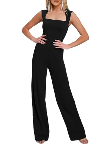 Happy Sailed Rompers for Women Summer Dressy Women's Fashion Square Neck Wide Leg Pants Jumpsuits, Rompers & Overalls Trendy Summer Outfits 2024 Black X-Large