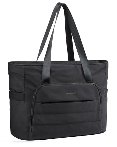 BAGSMART Tote Bag for Women, Lightweight Large Tote Bag with Compartments and Yoga Mat Strap, Quilted Shoulder Bag Handbag for Travel, Work, Gym, Black