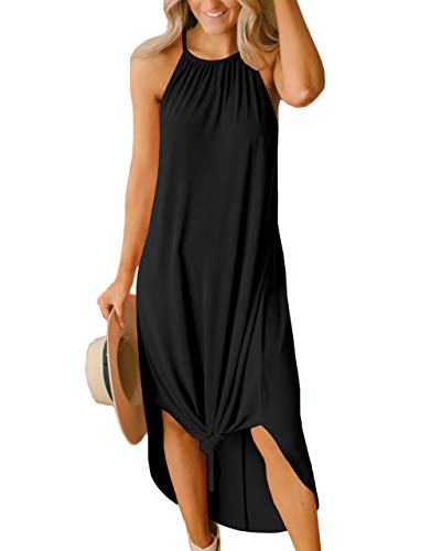 Summer Women Resort Casual Maxi Dress Tall Side Split Polynesian Sundress Black M