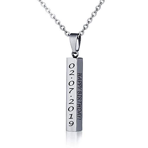 Love Jewelry Personalized Couple Stainless Steel Necklace Engraved Initial Name Vertical Bar Necklace Birthday Gift (Silver)