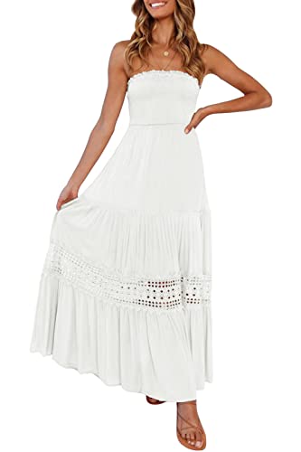 ZESICA Women's 2024 Summer Bohemian Strapless Off Shoulder Lace Trim Backless Flowy A Line Beach Long Maxi Dress,White,Medium