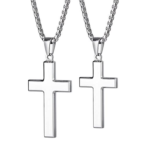Colentine Stainless Steel Couple His and Hers Necklaces with Beveled Cross Pendants Jewelry Gift for Christmas (Silver)