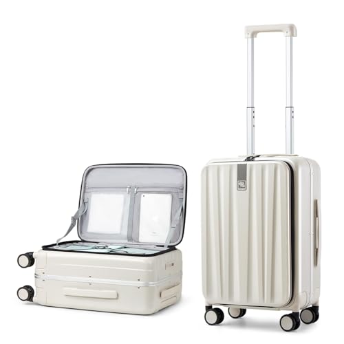 Hanke 20 Inch Carry On Luggage with Wheels PC Hard Shell Suitcase Top Opening Aluminum Frame Tsa Luggage Suitcases for Travel Woman Men.(Ivory white)