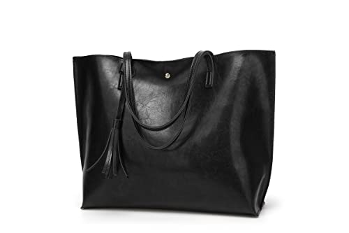 Dreubea Women's Soft Faux Leather Tote Shoulder Bag from, Big Capacity Tassel Handbag Black New S