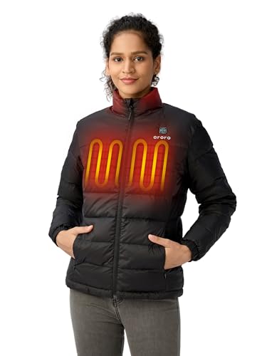ORORO Women's Heated Puffer Jacket with Battery, Lightweight Puffer Heated Jacket for Camping Hiking (Black,M)
