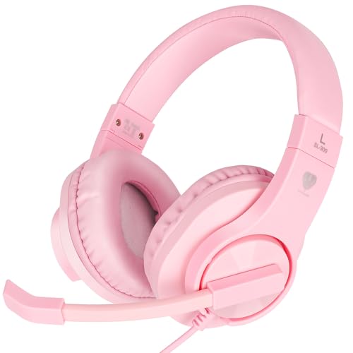 DIWUER Gaming Headset for Xbox One, PS4, PS5, Nintendo Switch, Bass Surround and Noise Cancelling 3.5mm Over Ear Headphones with Mic for Laptop PC Smartphones, Pink