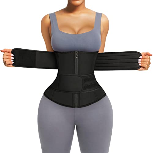 FeelinGirl Sauna Waist Trainer for Women Long Torso Plus Size Sweating Belts Zipper Bones Workout Trimmer Neoprene Exercise Black 5XL
