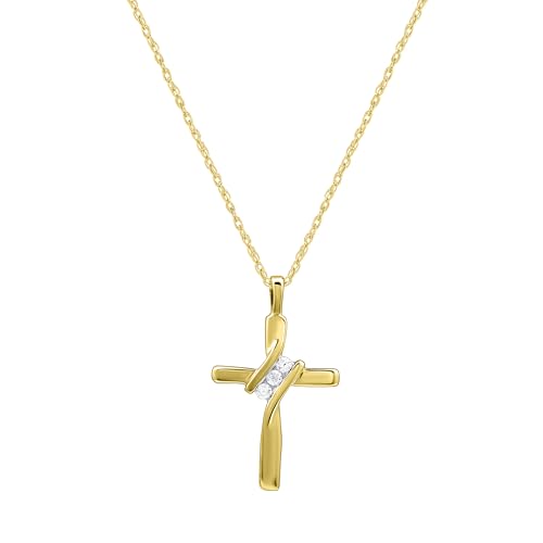 GILDED Small 10 Karat Yellow Gold Natural Round-Cut Diamond Accent 3 Stone Cross Pendant with an 18 Inch Chain