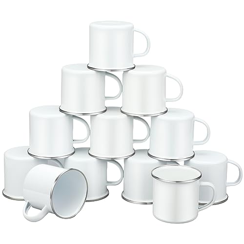 12 Pcs Enamel Camp Mug White Enamel Camping Coffee Mug with Handle Silver Rim Portable Drinking Cup Vintage Metal Mug Round Enamel Cup for Tea and Hot Chocolate (12 oz)