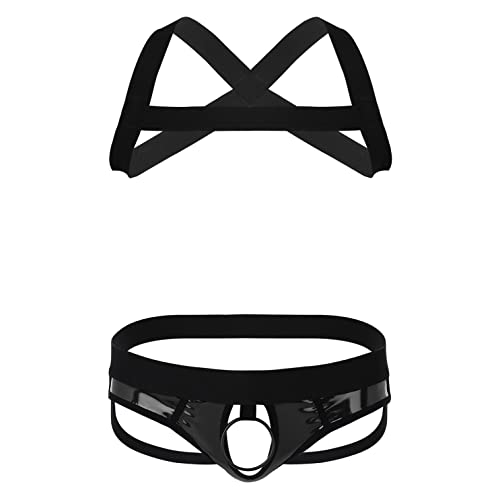 YiZYiF Men's Half Body Chest Harness Jockstrap Nylon Lingerie Set with Metal O Ring Underwear Black O-ring Medium