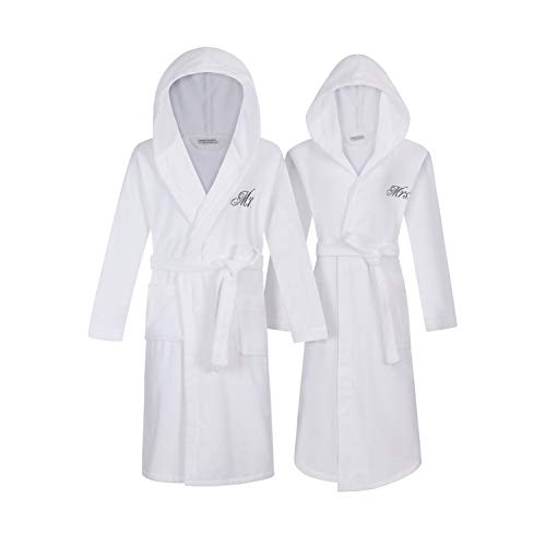 Romance Helpers Mr and Mrs Robes | Set of 2 Hooded Mr & Mrs Robes for Couples | Extra Thick| Long Sleeves | 100% Terry Cotton | Shawl Collar