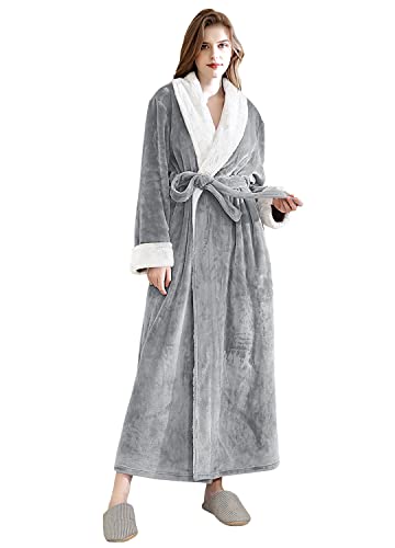 Hellomamma Women's Fleece Robes, Long Winter Warm Soft Plush Bathrobes for women, Fluffy Comfy House Coat (Light Gray, L)