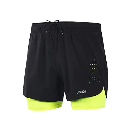 Lixada Men's 2-in-1 Running Shorts Quick Drying Breathable Active Training Exercise Jogging Cycling Shorts Green