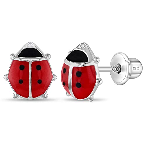 925 Sterling Silver Kids Red Ladybug Stud Earrings with Hypoallergenic Safety Screw Back for Young Girls & Toddlers - Animal Lover earrings Gift for Toddlers to Pre-Teens