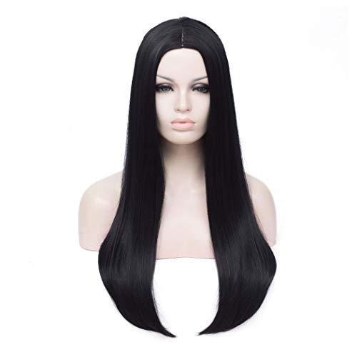 QACCF Long Black Wig 26' Women's Long Straight Middle Part Synthetic Halloween Costume Full Wig (Black)