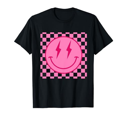 Retro Happy Face Shirt Checkered Pattern Smile Face Trendy T-Shirt