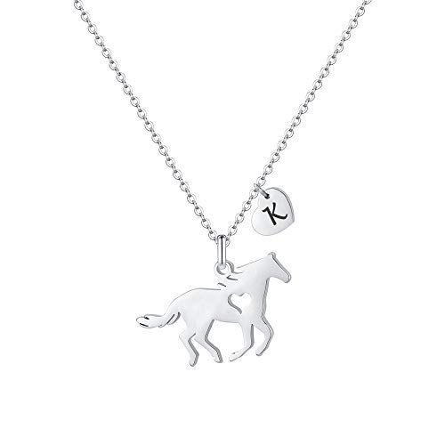 MONOOC Horse Necklace for Little Girls, Horse Alphabet Necklace Horse Lover Gifts for Kids Horse Jewelry K Necklace Initial Heart Necklace for Girls Horse Jewelry for Girls