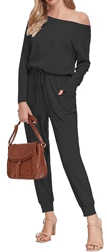 KAY SINN Long Sleeve Jumpsuit for Women Off Shoulder Romper with Pockets Casual Elastic Waist Black Large