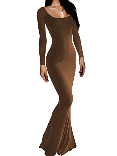 AnotherChill Women's Casual Lounge Slip Long Dress Sexy Long Sleeve Backless Bodycon Maxi Dresses 2023 Fall Slim Elegant (Brown, Large)
