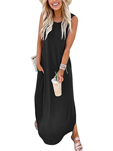 ANRABESS Women Casual Loose Sundress Sleeveless Split Maxi Long Beach Shirt Dress Travel Vacation 2024 Summer Outfits Black Small