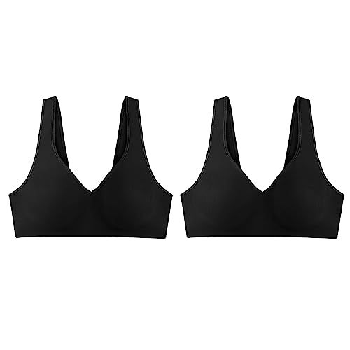 Hanes Women's Wireless Cooling, Seamless Smooth Comfort Wirefree T-Shirt Bra, Black/Black, 2-Pack, Large