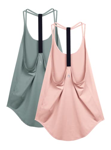 icyzone Workout Tank Tops for Women - Athletic Yoga Tops, T-Back Running Tank Top(Pack of 2) (L, Dusk Blue/Pale Blush)