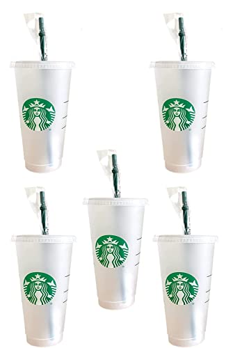 Starbucks 5 Pack Bundle - Reusable Frosted 24 oz Cold Cup with Lid and Green Straw w/Stopper