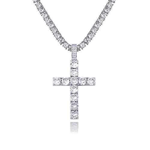 TOPGRILLZ 14K Gold Plated Solid Iced Out CZ Large Tennis Cross Pendant Necklace for Men Women Stainless Chain Gifts (Large Silver Tennis Chain)