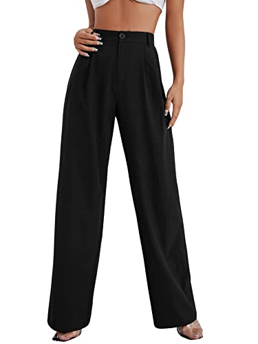 SweatyRocks Women's Casual Wide Leg High Waisted Button Down Straight Long Trousers Pants Black M