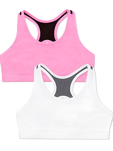Fruit of the Loom Girls' Stay Dry Racerback Sports Bra, White/Neon Pink, Medium