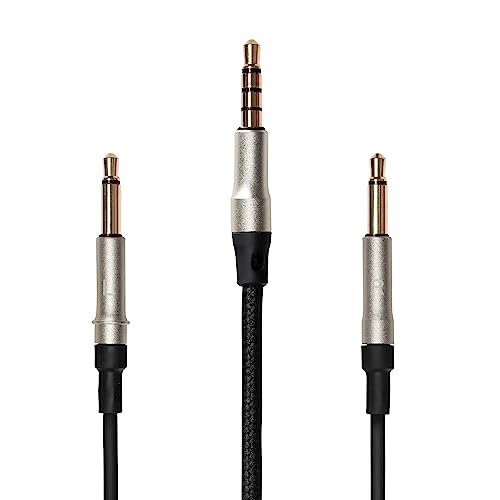 MEZE AUDIO | 1.5m Cable with Mic & Remote for 99 NEO & 99 Classics Walnut Silver | 3.5mm Male to Dual TS Mono 3.5mm Male Connector Plug | Kevlar Reinforced Fabric | Oxygen-Free Copper