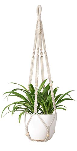 Mkono Macrame Plant Hanger Indoor Hanging Planter Basket with Wood Beads Decorative Flower Pot Holder No Tassels for Indoor Outdoor Boho Home Decor 35 Inch, Ivory (POTS NOT INCLUDED)