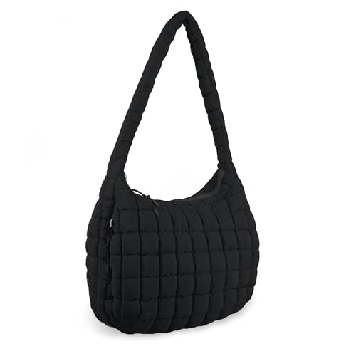 Quilted Puffer Tote Bag Large Crossbody Shoulder Bag with Zipper, Nylon Bubble Hobo Bags Travel Top Handle Handbag for Women, Oversized Padding Quilted Bag Soft Large Carryall Bag (Black)