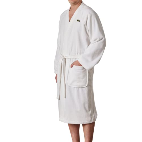 Lacoste Classic Pique 100% Cotton Bath Robe for Men & Women, One Size Fits Most, White