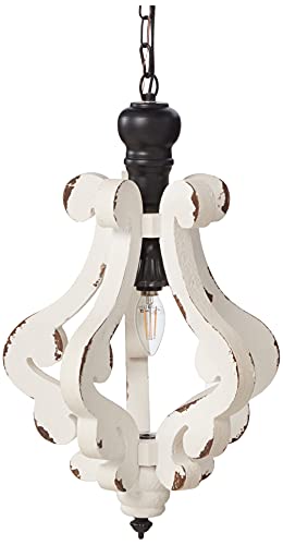 A&B Home Small Distressed White Pendant Farmhouse Rustic Chandelier White-Washed Wood Foyer Dining Living Room Decor 1-Light Candle Bulbs Off White 13' x 13' x 21'