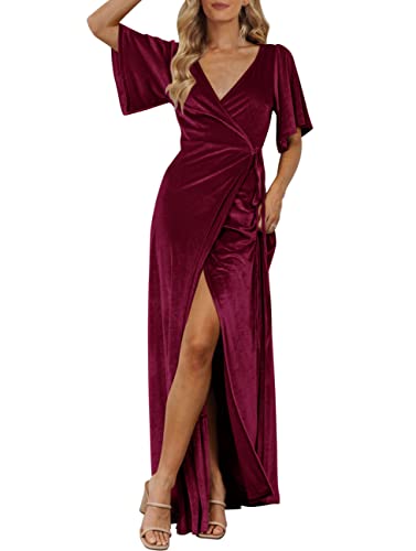MEROKEETY Women's V Neck Wrap Velvet Maxi Dress Bell Sleeve Split Bridesmaid Cocktail Party Dress, Burgundy, X-Large